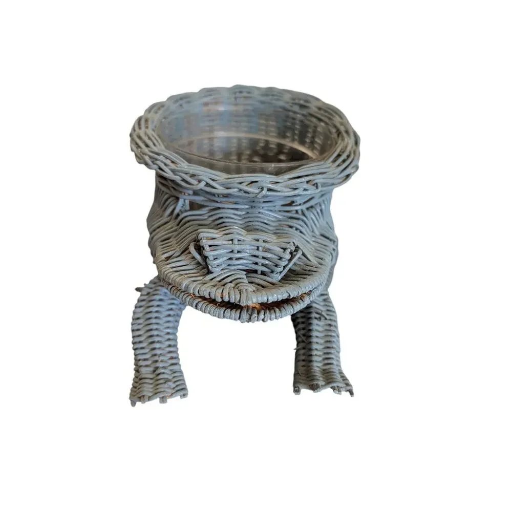 Vintage Wicker Frog Basket Planter with Marble Eyes Blue Cottagecore Farm Small